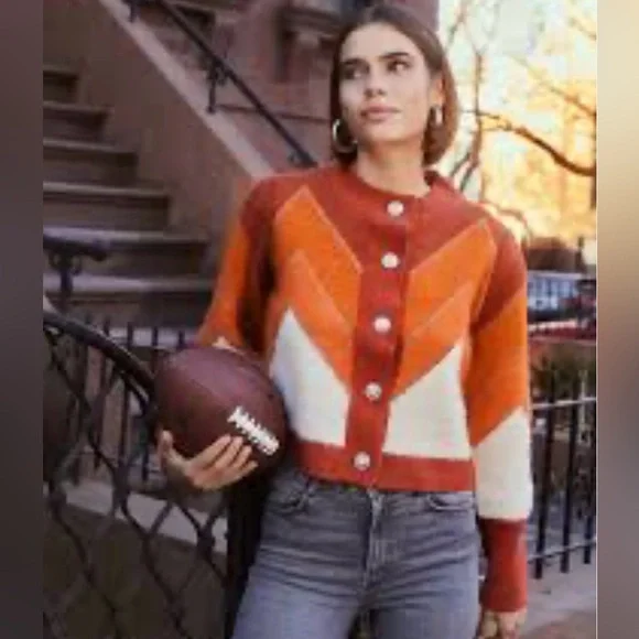 Allison New York Chevron Colorblock Button-Front Cardigan in Rust & Cream - Picture 2 of 8